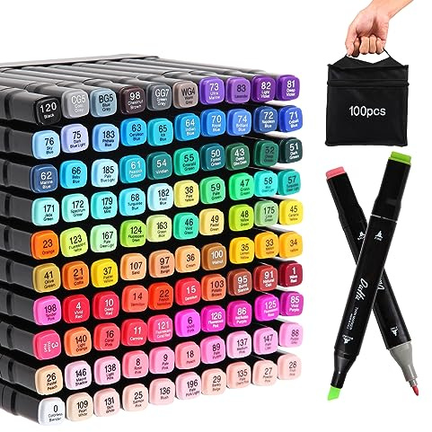 Alcohol Based Markers Set 100 Colours - Colouring Pens for Adults Kids | Dual Tip Art Pens for Drawing Sketching Anime Manga Professional Permanent Marker Pens with Carrying Case and Storage Base