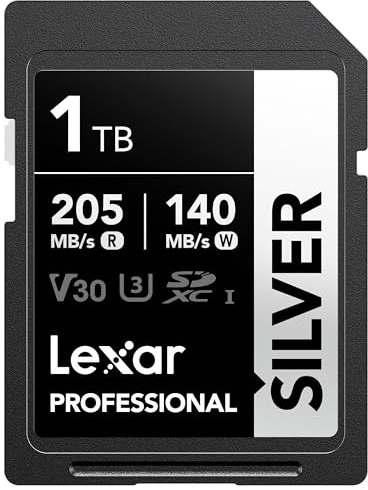 Lexar Silver SD Karte 1TB, UHS-I SDXC Card 205 MB/s Read Speed, 140 MB/s Write Speed, V30, U3, C10, 4K UHD Video, SD Card Memory Card with Lexar Lifetime Data Recovery