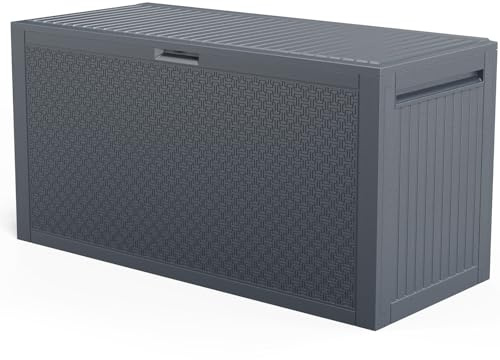 VINGLI 90 Gallon Outdoor Storage Box, Lockable Plastic Storage Containers with Lid, Patio Deck Box Furniture for Garden, Pool, Balcony, Yard (Gray)