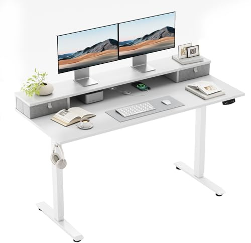 Klicelor Electric Height Adjustable Desk, with 2 Fabric Drawers, 100x60cm | 72-116cm Height, Stable Sit-Stand Standing Desk w. 2 Memory Buttons, Computer Desk for Home Office, 2 pcs Desktops, White