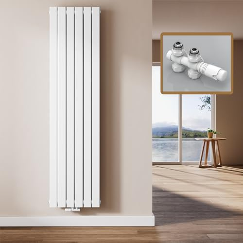 EMKE Radiatore Design Verticale, 180 x 46 cm, Radiatore Piatto da Parete in Acciaio, Doppio Pannello, Attacco Centrale, Bianco, 1670W (valvole incluse)