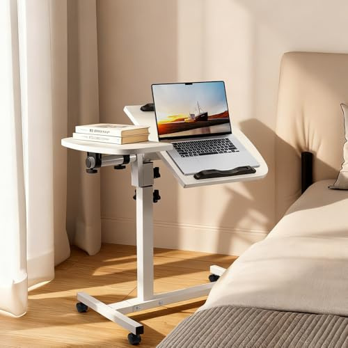SUNNYNEST Adjustable Overbed Table with Wheels Small Standing Desk Split Top Tilting Bedside Bed Table with Tray Rolling Laptop Computer Standing Desk Cart Height 60-80cm