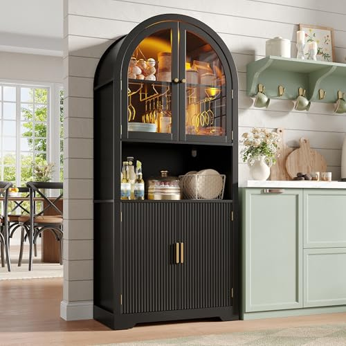 Maupvit 70 Tall Arched Wine Bar Cabinet with LED Light, Fluted Coffee Bar Cabinets with Stemware Rack, Kitchen Pantry Cupboard with Glass Doors, Liquor Cabinet for Home, Dining Room (Black)