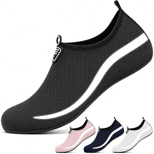 InfiniZer Water Shoes Men Women Beach Shoes with Reflective Wave, Quick Dry Swim Aqua Socks Barefoot Sea Pool Shoes Non-Slip (Black, Adult, Men, 10, Numeric, UK Footwear Size System, Medium)