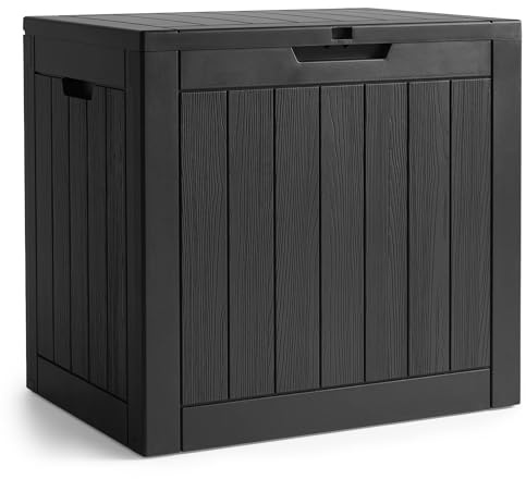 AKORD Coffre de Jardin Imperméable 117L, Boîte de Rangement Extérieur pour Balcon et Terrasse, Polypropylène Aspect Bois, 56x53,2x43,1 cm, Noir