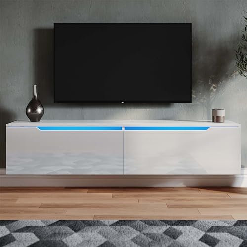 SONNI TV Board, Fernsehtisch mit LED-Beleuchtung, hängend, Weiß Hochglanz, Lowboard, Fernseherschank, TV-Schrank, TV-Regal, 12 Farben können eingestellt Werden, 140x35x30cm, GTV009W-2.