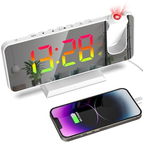 Petilleur Projection Alarm Clock for Bedroom Ceiling 180° Rotatable Projector 7.4” RGB Mirror LED Digital Display Dual Alarm with 5-Level Brightness Dimmer 12/24H Format (White)
