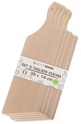 Set 5 Taglieri da Cucina con Manico, 100% Legno Faggio, Perfetto per Tagliare e Servire, Dimensioni 35x14x1hcm, Alta Resistenza, Made in Italy