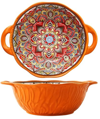 2 Pack Boho Ceramic Serving Bowls with Handles, 40 Oz Porcelain Salad Bowls, Large Serving Dishes for Entertaining, Mixing Bowls for Soup, Stew, Pasta, Cereal, Colorful Embossed Cute Bowls Set MLKS
