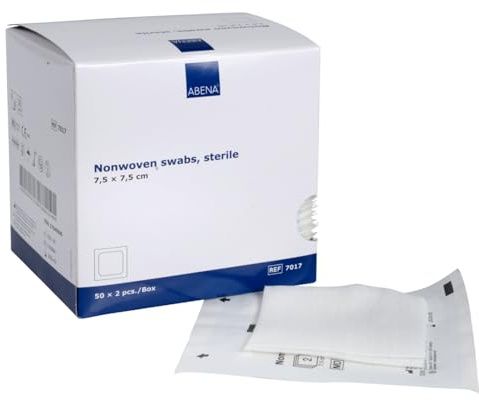 ABENA Kompressen 7,5x7,5 cm, Steril, Vlieskompressen, Mullkompressen, 100 Stück, ULTRASOFT Wundauflagen, 4-lagig, Verpackt 2 Stück, Nicht gewebt, Saugfähig, Weich, Nicht-klebende