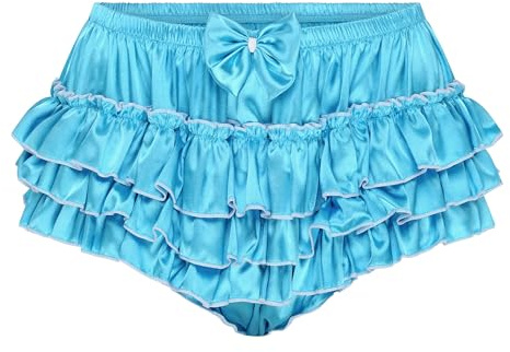 Satini Froufrou efféminé A Volants Shorty Slips Lingerie Soyeuse Satin sous-vêtements Culottes (Bleu-Vert, L)