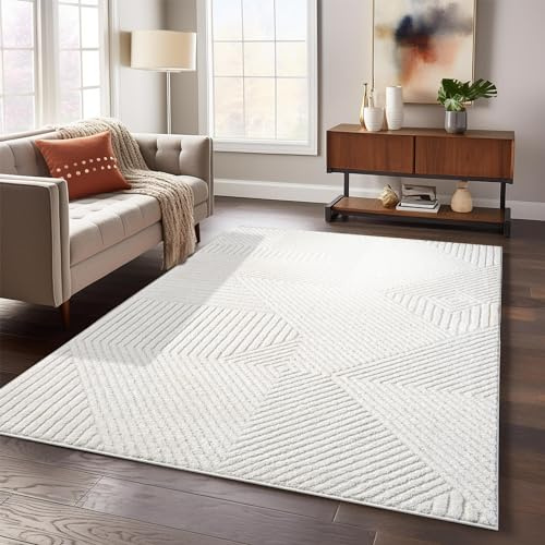 payé Teppich Läufer - 80x150cm Creme Bodenbelag Hochtief Struktur Flachflor - Raute Muster Boho Design Wohnteppich