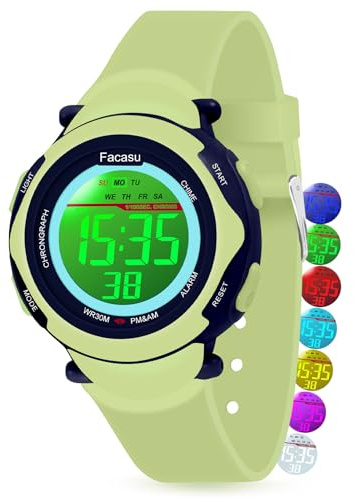 Facasu Orologio digitale bambini ragazze e ragazzi, impermeabile per bambini,luce colorata,per sport all'aria aperta,facile da leggere e regolare l'ora con allarme per bambini (Verde)