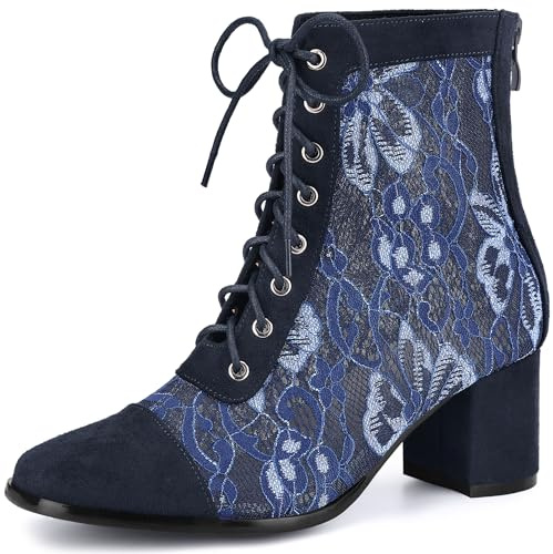 Perphy Square Toe Flowers Lace Block Heels Ankle Boots for Women Dark Blue 6 UK/Label Size 8 US