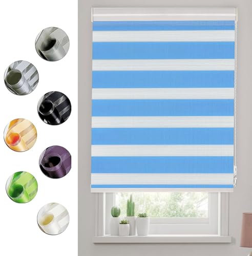 Doppelrollo Klemmfix Verdunkelung 40 x 320 cm Sichtschutz Sonnenschutz Seitenzugrollo Sichtschutz Inkl. Montagematerial für Schlafzimmer Küche, Blau