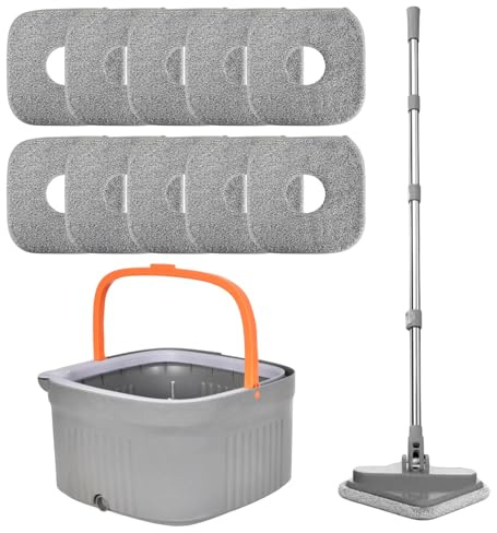 Mocio Lavapavimenti con Secchio, Mop Autostrizzante Pavimenti, Separa lo Sporco e l Acqua Dolce, Mocio con Manico Telescopico, 10 Pezzi di Ricambio per Mocio, per Tutti I Tipi di Pavimento