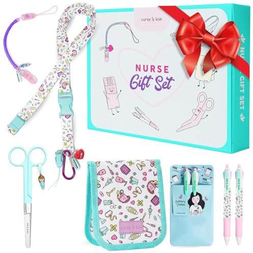 Nurse is Love Regali Personalizzati Set 5 Pz. | Porta Badge da Collo + Forbici Infermiere + Tasca Infermieri Organizer + Porta Penne da Tasca con 2 Penne Personalizzate + Porta Forbici Retrattile