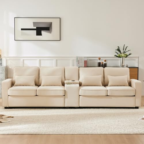 KOMHTOM Canapé Beige avec Coussins Canapé 4 Places avec Rangement, Grand canapé avec Porte-gobelet et Port de Charge Meubles de Salon (Beige)