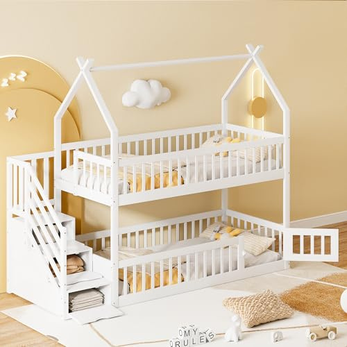 OOIILLEE Lit Superposé Enfant 90x200 cm en Bois Massif avec Toit, Échelle Renforcée et 3 Tiroirs de Rangement | Meuble de Chambre Espacé et Pratique