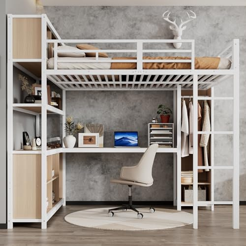 Idemon Cama de hierro, cama alta, espacio de almacenamiento de dos pisos debajo del escritorio, cama superior con espacio de almacenamiento, con armario, hierro + tablero de partículas, 140 x 200 cm