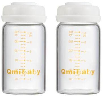 Qmibaby Glass Breastmilk Storage Bottles BPA-Free Leak-Proof Baby Bottle for Breastmilk Storage Wide Neck Bottles with Screw Ring Sealing Disk Breastfeeding (White-180ML-2PCS)