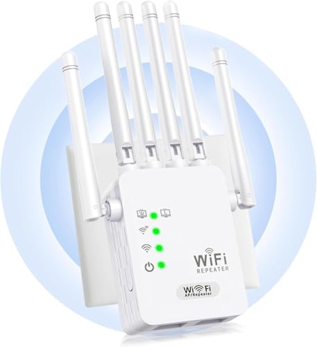 WiFi-repeater, WiFi-förstärkare, kraftfull WiFi-repeater med 6 kraftfulla antenner, 2 LAN-portar, repeater och router & AP-läge, 300 m² wifi-repeater utomhus, lätt att installera