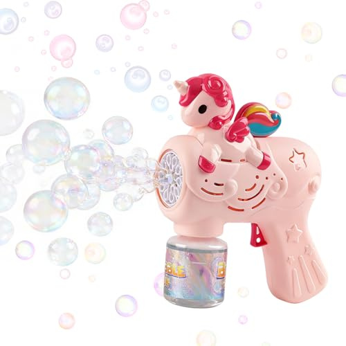 Bubble Gun - Electric Bubble Machine with 4 Batteries, Garden Toys for Boys and Girls, 12 Hole Fully Automatic Unicorn Bubble-Gun with a Bubble Mixture, Bubbles Toy for Kids (Pink)