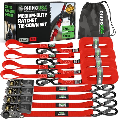 Rhino USA Ratchet Straps Tie Downs (4-Pack) - 2.5cm x 4.6m with S Hooks | 800kg (1,823lb) Heavy Duty Manual Ratchet w/ Safety S Hooks & Soft Loops. For Trucks, Cargo, Moving & Appliances. Red