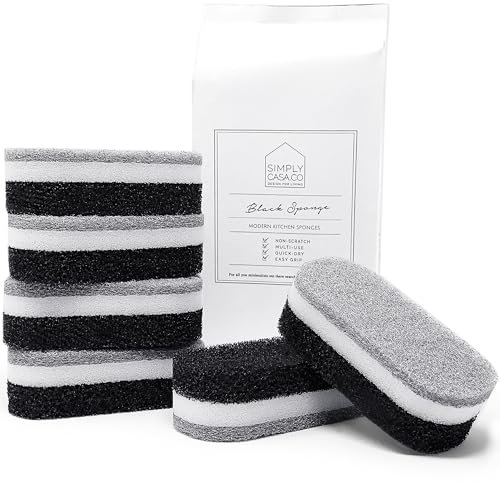 SIMPLYCASA Kitchen Dish Cleaning Sponges - Pack of 6 | Non-Scratch & Fast-Drying | Reusable Scrubbers for Kitchen & Household Use | Stylish Black & White Design