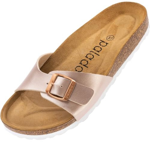 Palado Pantoletten Damen Malta Metallic – gefertigt in Spanien – weiche Veloursleder-Decksohle – robuste EVA-Sohle – edles Metallic-Design Rose/Rose UK9,5 - EU43