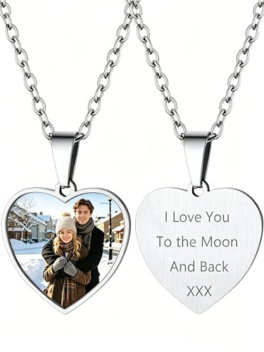 Supcare Collana Personalizzata con Foto e Incisione, Portafoto Ciondolo Cuore Argento, Idea Regalo Donna Uomo Ragazzi