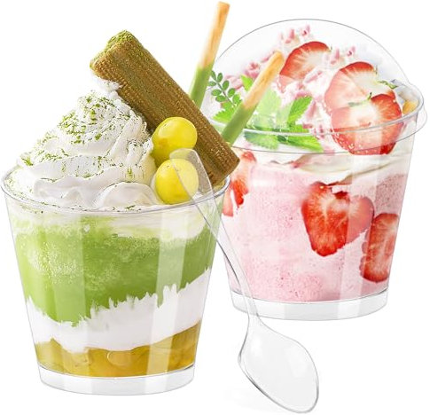 Dessertgläser Plastik, 50 Stück Desserttassen mit Deckel und Löffeln, 180ml Dessertbecher Set Wiederverwendbar, Klar Dessertschalen, Dessert Becher für Dessert Pudding Mousse Party (180 ml - 50 Stück)