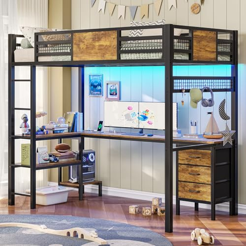 ADORNEVE Loft Bed Twin Size with L-Shaped Desk, LED Lights,Charging Station, Twin Metal Loft Bed Frame with Fabric Drawers & Shelve, 13.4 H Safety Guardrail, No Box Spring Needed, Rustic Brown