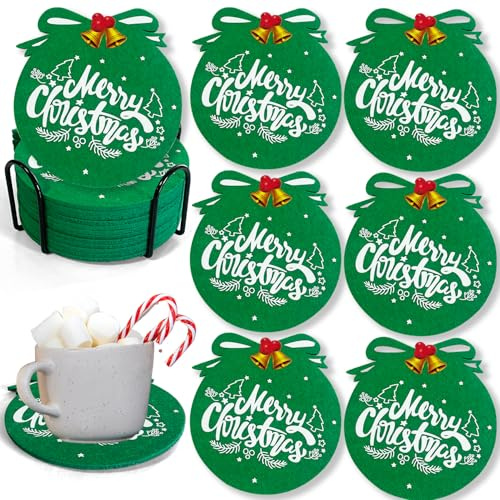 Paquete de 12 posavasos de fieltro de Navidad, posavasos de fieltro absorbente, posavasos decorativos, para bebidas, té, café, suministros de decoración de invierno y Navidad