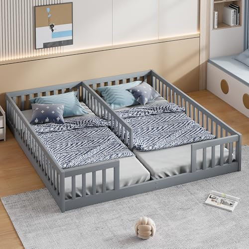 NNJN Cama tapizada, 90 x 200 cm, cuna con rejilla, sin somier, para familias con dos hijos, madera de pino, estilo minimalista (sin colchón) (gris)
