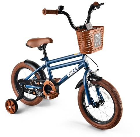RULLY Vélo pour garçon de 12 pouces en bleu - Vélo pour enfant de 2 à 4 ans avec roues stabilisatrices, frein à rétropédalage et frein à main, panier, cadre en acier léger - Vélo pour débutants