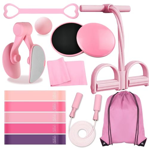 9-in-1 Home Workout Equipment for Women, Pedal Resistance Band with Handle, Thigh Master, Core Sliders & Exercise Bands with Workout Guide, Beginner Starter Kit for Ab Workout & Body Toning (Pink)