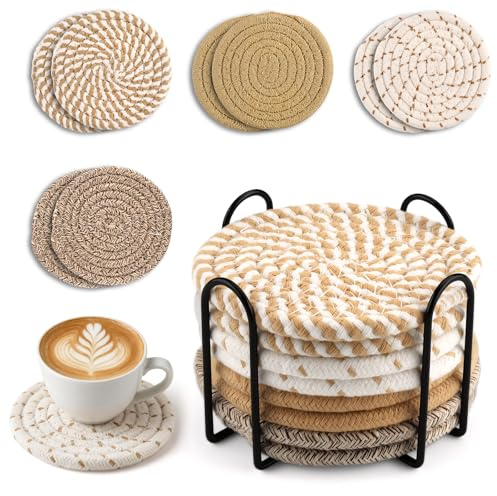 Wozzies 8 STK Untersetzer Gläser, Glasuntersetzer Rund für Gläser mit Halter, Getränkeuntersetzer, rutschfest Tischuntersetzer Geflochtenes Baumwolle, für Verschiedene Tassen
