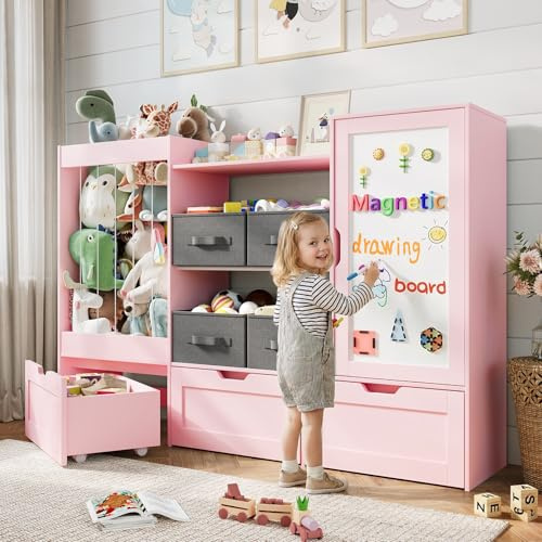 VortinT 61 W Kids Toy Storage Organizer with Stuffed Animal Storage, 3 Movable Storage Drawers, 4 Removable Storage Bins, Wooden Bookshelf with Magnetic Drawing Board for Kids Room & Playroom, Pink