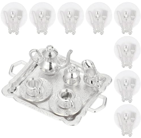 WADORN 1:12 escala miniaturas casa de muñecas vajilla y juego de té accesorios de cocina para casa de muñecas, incluye mini cuchara, cuchillo, tenedor, juego de té para casa de muñecas, accesorios de