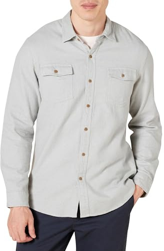 Amazon Essentials Men's Slim-Fit Flannel Long-Sleeve Shirt, Two-Pocket, Plaid, Light Grey Heather, XXL