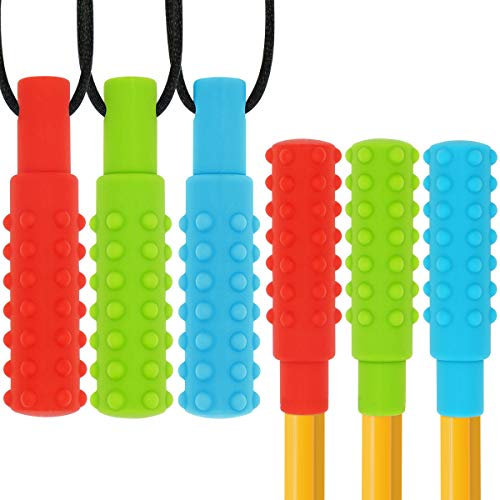 Sensory Chew Halsketten Pencil Topper Set (6er Pack), Silikon Chew Stick Autismus Kauspielzeug für Kinder, Jungen und Mädchen, Oral Sensory Motor Aids (Blau, Grün, Rot)