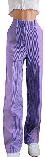 Pantaloni in velluto a coste per le donne a vita alta gamba dritta pantaloni larghi Y2k moda sciolto patchwork vintage casual casual - viola - S