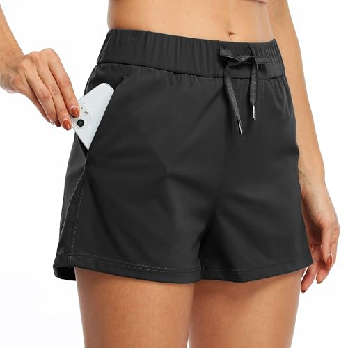 WILLIT Damen Shorts Sporthose Leichte Wanderhose Kurz Hose Schnelltrocknend Laufhose Sommershorts Fitness Tennis Sport Lounge Badeshorts mit Taschen 2.5 Schwarz L