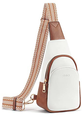 CLUCI Sling Bag Klein Brusttasche, Damen PU Leder Crossbody Umhängetasche Bauchtasche für Reisen, Einkaufen, Schultertasche mit Verstellbarer Schultergurt Beige mit Braun