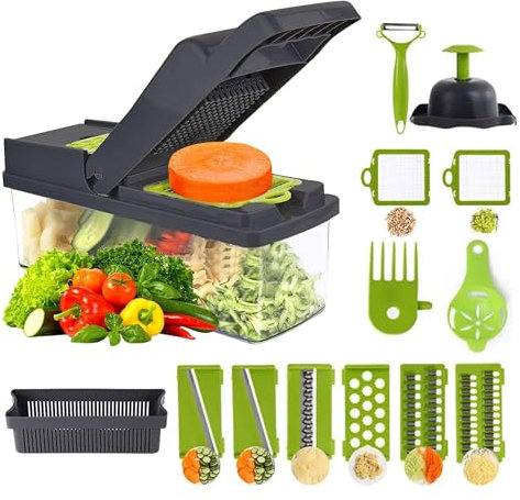 Neez 15 in 1 Gemüseschneider - Mandoline Gemüsehobel - Gemüse Zerkleinerer, Zwiebelschneider, Gemüsereibe, Eiertrenner - Salatschneider, Obstschneider, Kartoffelschneider (Grau)