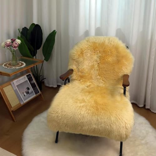 RZLWOOL Genuine Sheepskin Rug New Zealand Luxury Lambskin Rug, Natural Fluffy Sheepskin Throw for Bedroom Living Room Children's Room - Premium Area Rug Chair Cover (Yellow, 2×3 Feet)
