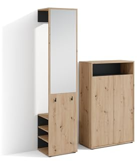 byLIVING Garderoben-Set Lyon/Weiß oder Artisan Eiche kombiniert mit Schwarz/Hochschrank mit Spiegel/Schuhschrank/B 40, H 185, T 35 cm, B 70, H 115, T 33,5 cm