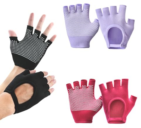 SITAKEGS Guanti da yoga antiscivolo, 3 paia di guanti da fitness senza dita, traspiranti, colore nero, viola, rosa, grippy con puntini in silicone per esercizi di fitness