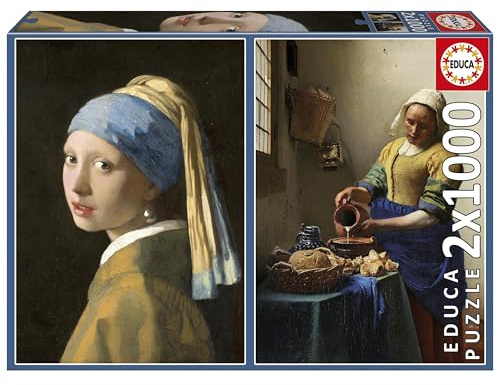 Educa - 2x1000 Piece Jigsaw Puzzles | Vermeer Girl with Pearl Earring & Milkmaid | Art Collection | Two Iconic Paintings in One | Ages 14+ (20309)